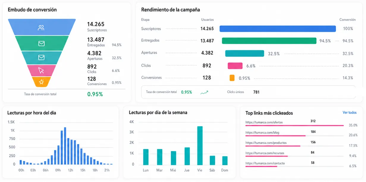 Reportes de una campaña en arrobaMail: embudo de conversión, rendimiento de la campaña por etapa, lecturas por hora del día y por día de la semana, y top links más clickeados.