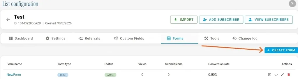 Subscriber list settings in arrobaMail, showing the way into the Forms section