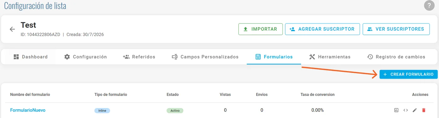 Configuración de una lista de suscriptores en arrobaMail, con el acceso a la sección Formularios