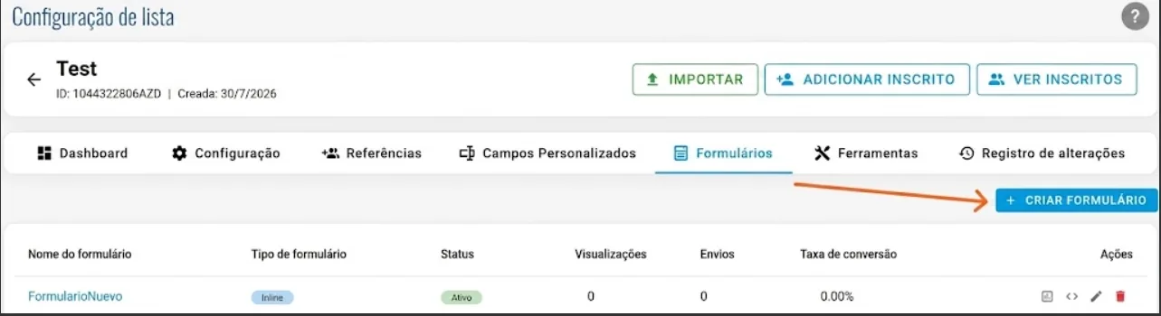 Configuração de uma lista de assinantes no arrobaMail, com o acesso à seção Formulários