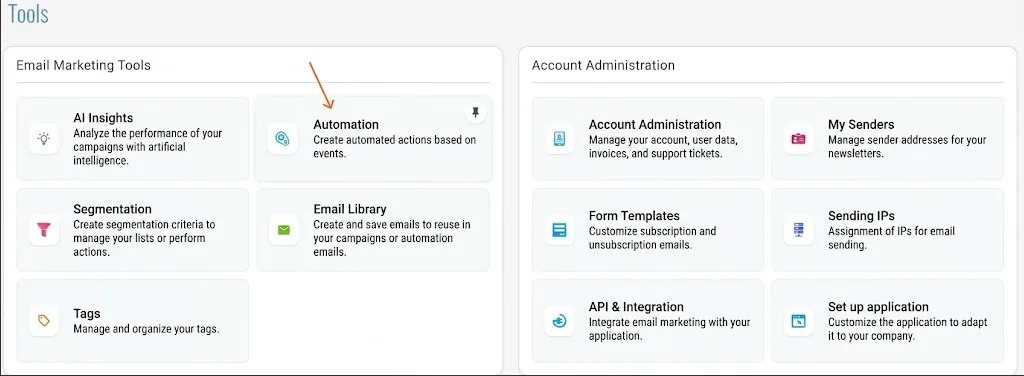 arrobaMail Tools section with Automation listed among the email marketing tools