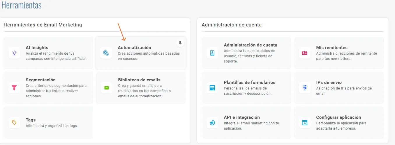 Sección Herramientas de arrobaMail con el acceso a Automatización entre las herramientas de email marketing