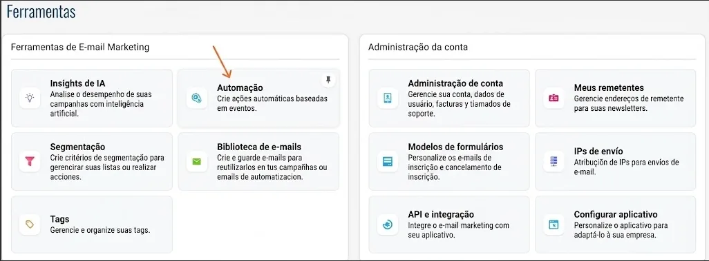 Seção Ferramentas do arrobaMail, com Automação entre as ferramentas de email marketing