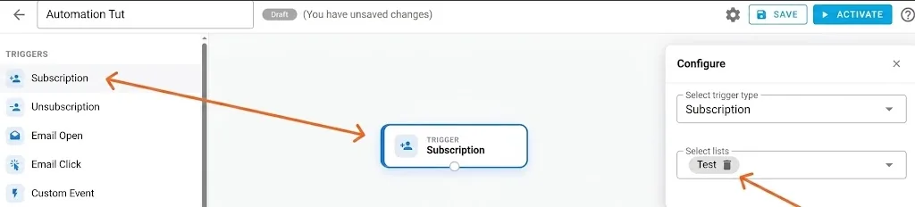 Automation editor: trigger palette, the Subscription node on the canvas, and the Configure panel with the list selected