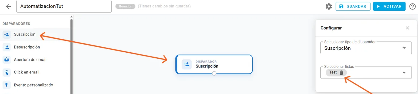 Editor de automatizaciones: paleta de disparadores, el nodo Suscripción en el lienzo y el panel Configurar con la lista seleccionada