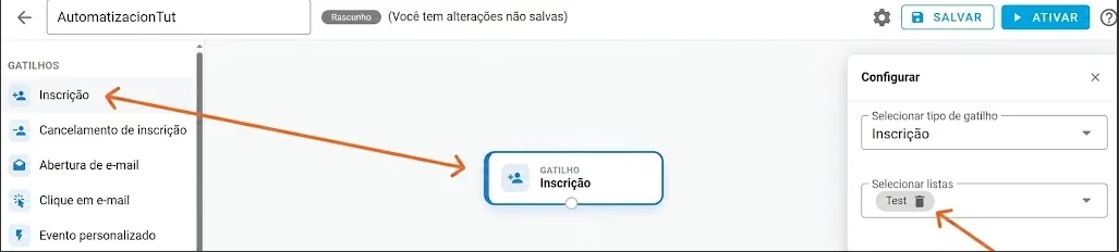 Editor de automações: paleta de gatilhos, o nó Inscrição na tela e o painel Configurar com a lista selecionada