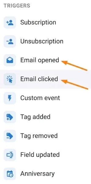 Automation editor palette showing the email open and email click triggers