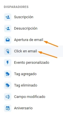 Paleta del editor de automatizaciones mostrando los disparadores de apertura y click en email