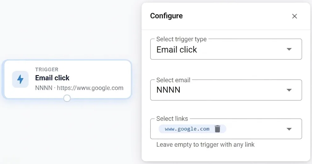 Email click trigger configuration: select email, select links, with the note about leaving it empty to trigger on any link