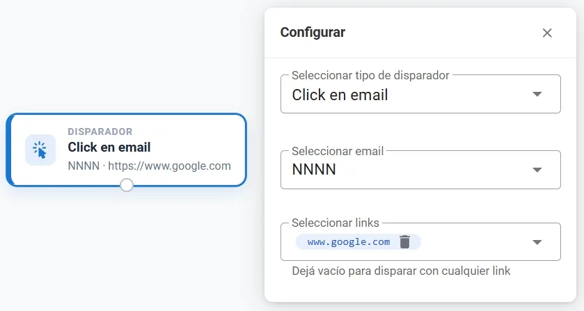 Configuración del disparador Click en email: seleccionar el email, seleccionar los links, con la nota de dejar vacío para cualquier link
