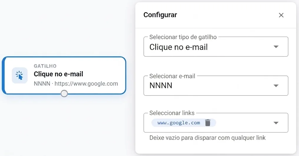 Configuração do gatilho Clique em email: selecionar o email, selecionar os links, com a nota de deixar vazio para qualquer link