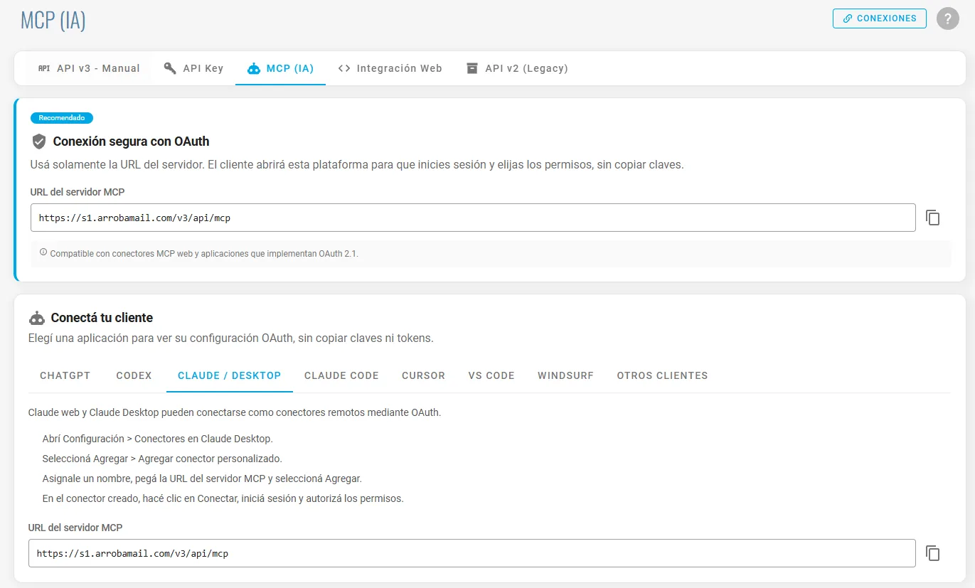 Panel de arrobaMail, pestaña MCP (IA): conexión segura con OAuth, URL del servidor MCP e instrucciones por cliente