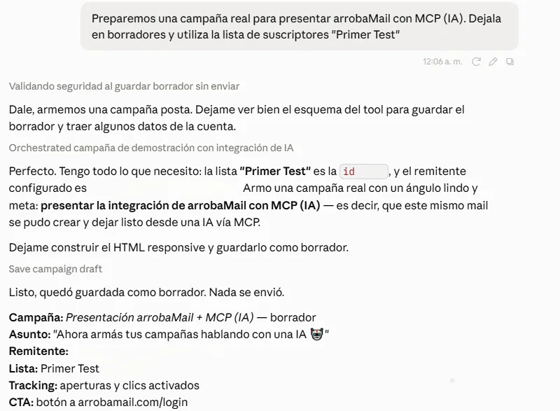 Conversación con Claude creando una campaña real de arrobaMail por MCP y guardándola como borrador sin enviar