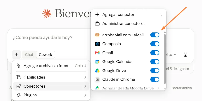 Menú de conectores del chat de Claude con el conector de arrobaMail activado