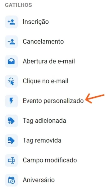 Paleta de gatilhos do editor de automações do arrobaMail, com Evento personalizado no fim da lista