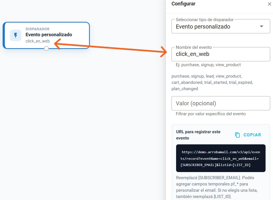 Panel Configurar del disparador Evento personalizado: nombre del evento, valor opcional y la URL generada para registrarlo